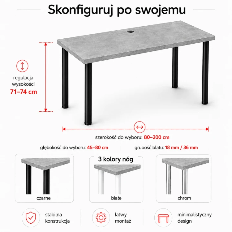 Biurko komputerowe Iron - Beton - wymiary