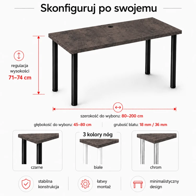 Biurko komputerowe Iron - Beton rdzawy - wymiary