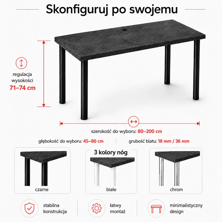 Biurko komputerowe Iron - Beton czarny 2 - wymiary