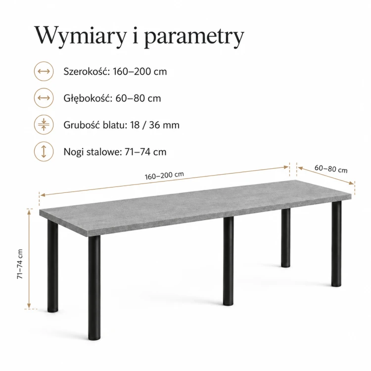 Biurko podwójne Iron Duo Beton – wymiary: szerokość 160–200 cm, głębokość 60–80 cm, wysokość nóg 71–74 cm, grubość blatu 18/36 mm