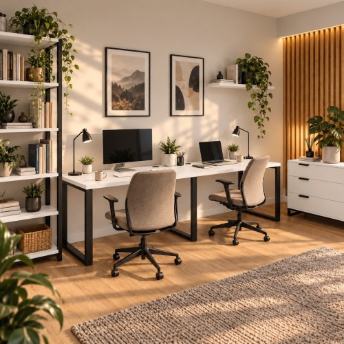 Biurko podwójne Iron Duo Loft w dekorze Biały – domowe biuro dla dwóch osób z regałem i komodą