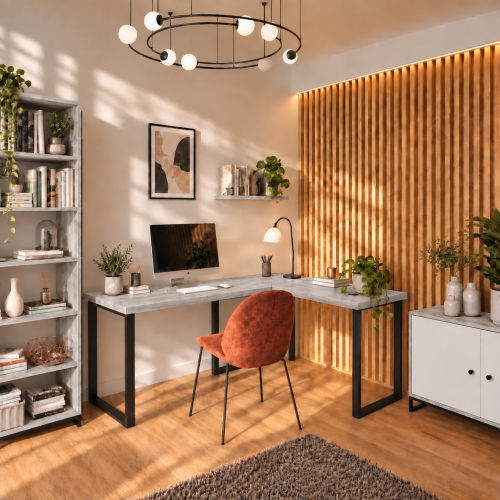Biurko narożne loft w dekorze Beton w aranżacji domowego biura