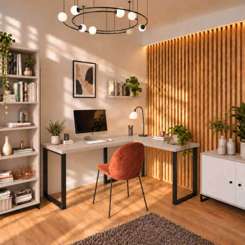 Biurko narożne loft w dekorze Cappuccino w aranżacji domowego biura