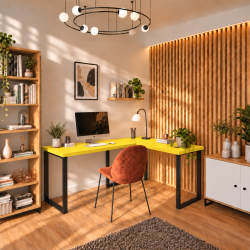 Biurko narożne loft w dekorze Żółty w aranżacji domowego biura