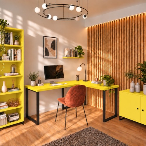 Biurko narożne loft w dekorze Żółty w aranżacji domowego biura