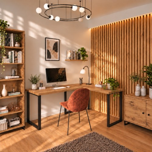 Biurko narożne loft w dekorze Dąb Wotan w aranżacji domowego biura