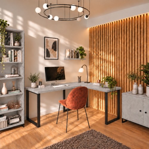 Biurko narożne loft w dekorze Beton w aranżacji domowego biura