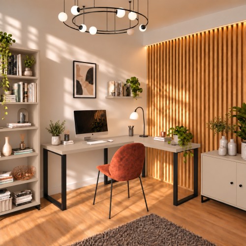 Biurko narożne loft w dekorze Cappuccino w aranżacji domowego biura