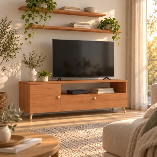 Szafka RTV SCANDI w dekorze Olcha pod telewizorem w jasnym salonie