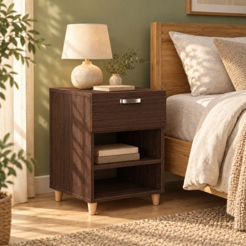 Szafka nocna w dekorze Wenge – na nogach bukowych 6 cm w sypialni