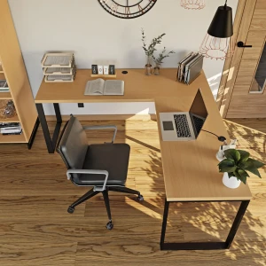 Loftowe biurko narożne buk z wystrojem industrialnym.webp