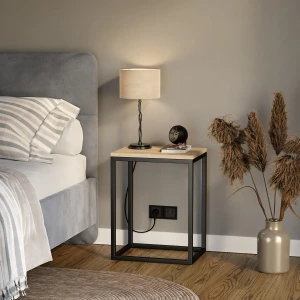 Stolik nocny loftowy Indri - dąb sonoma w salonie obok łóżka.webp