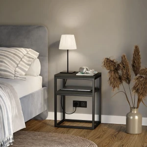 Stolik nocny z półką loftowy - czarny - wizualizacja w sypialni.webp