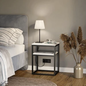 Stolik nocny z półką loftowy - biały - wizualizacja w salonie.webp